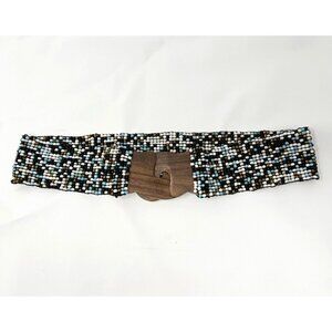 Novica Collection Indonesia Blue White Black Bronze Beaded Wooden Stretch Belt